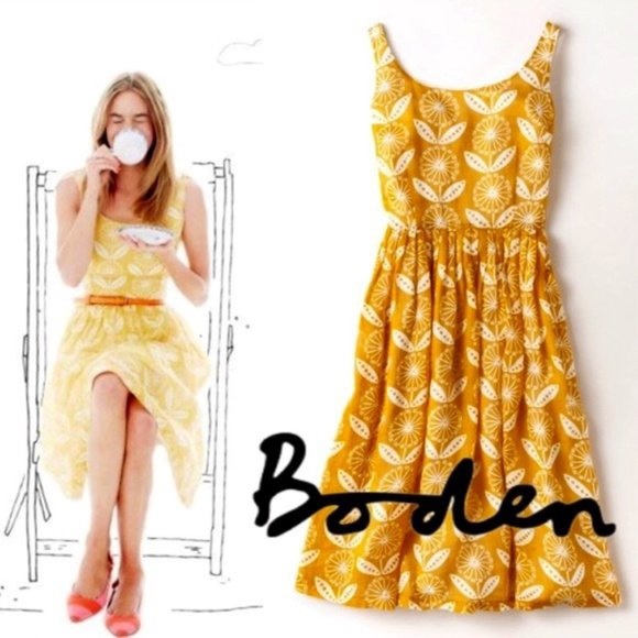 🌻Anthropologie Boden Nancy  sunflower dress,  (fit and flare) 6, white/ yellow. - Picture 3 of 6